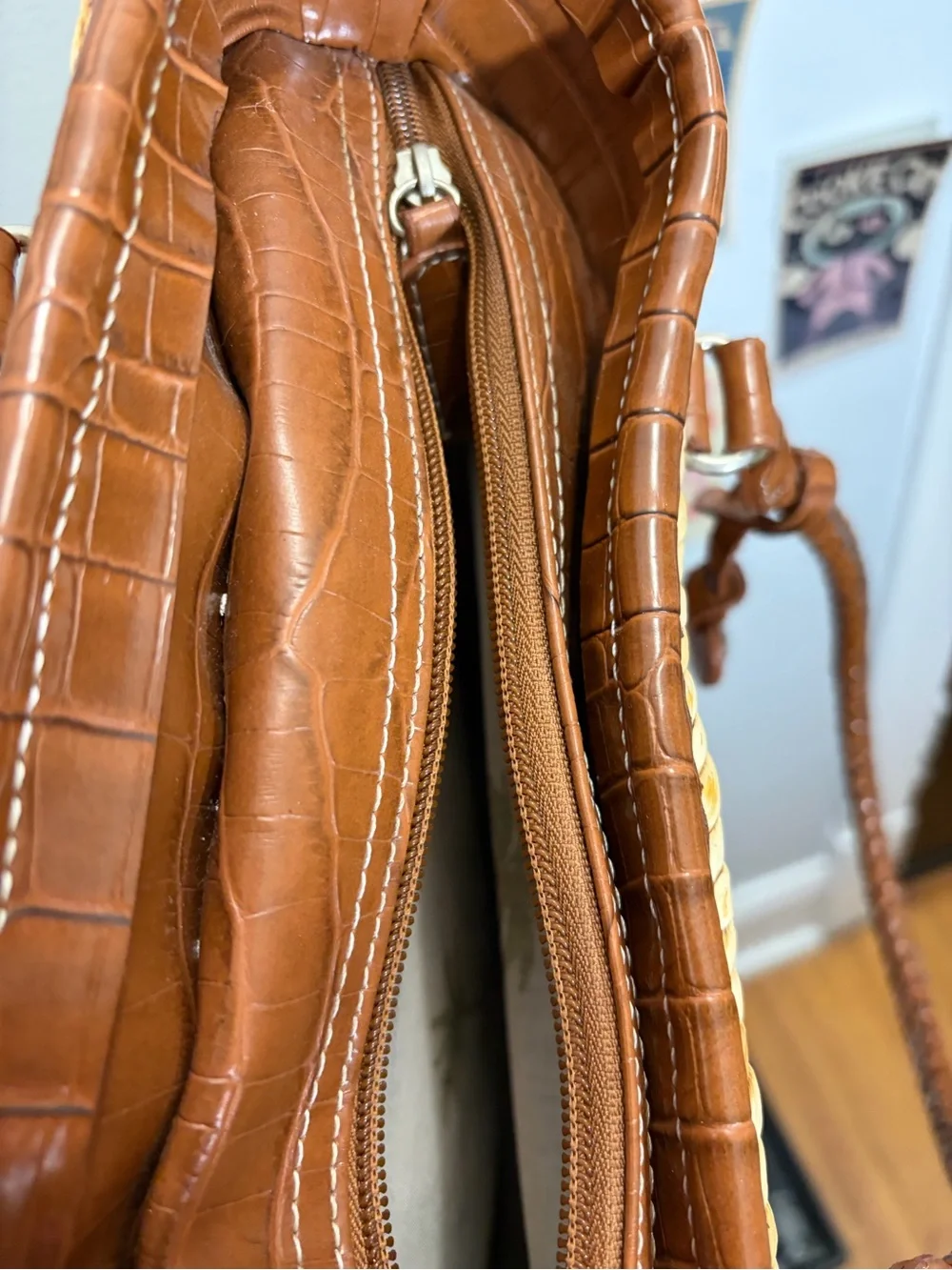Woven Straw Tote with Brown Leather Trim and Heart Accent - Picture 5 of 5